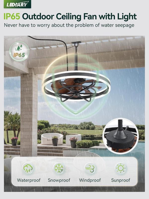 windphoto 24" Outdoor Ceiling Fans with Light, IP65 Waterproof Gazebo Fan | Outdoor Fan with Hanging Hook, Remote & App Control, 3CCT Dimmable,Timer, Caged Plug in Ceiling Fan for Patio, Porch, Pergola