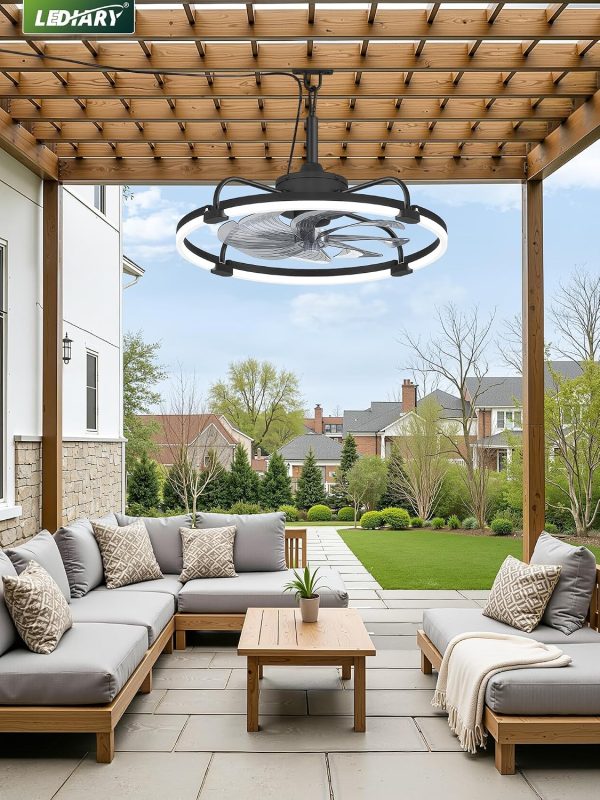windphoto 24" Waterproof Black Outdoor Ceiling Fan with Light for Gazebo | IP65 Wet Rated,APP Control,6-Speeds,3CCT Dimmable,Reverse DC Motor,Suitable for 12' x 14' Area,Plug In for Patio,Porch