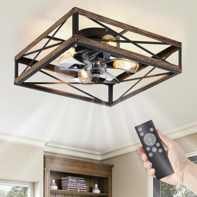 windphoto 20 Caged Low Profile Square Ceiling Fans with Lights and Remote | 6 Speed and Reversible, Small Farmhouse Rustic Bladeless Ceiling Fan Flush Mount for Bedroom, Kitchen, Dining Room