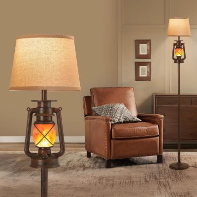81W7wlc772L._AC_SL1500_.jpg windphoto LED Farmhouse Flashing Flame Night Lantern Floor Lamp | Rustic Bronze Standing with Beige Linen Drum Lampshade, for Living Room, Bedroom Home DecorBronze Brown)