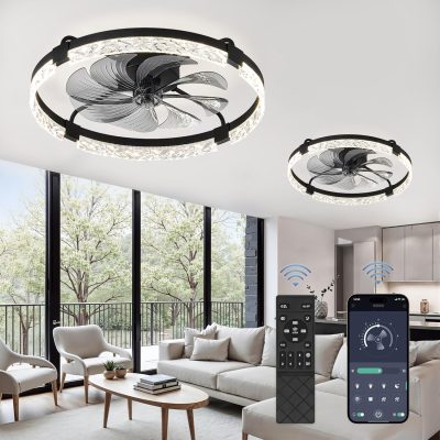 windphoto 2 Pack 24" Ceiling Fans with Lights and Remote, Fandelier Black | 3CCT, 6 Speeds, Dimmable Low Profile, Flush Mount Ceiling Fan, Timer, Reversible, Memory, Bedroom, Living Room, Kitchen