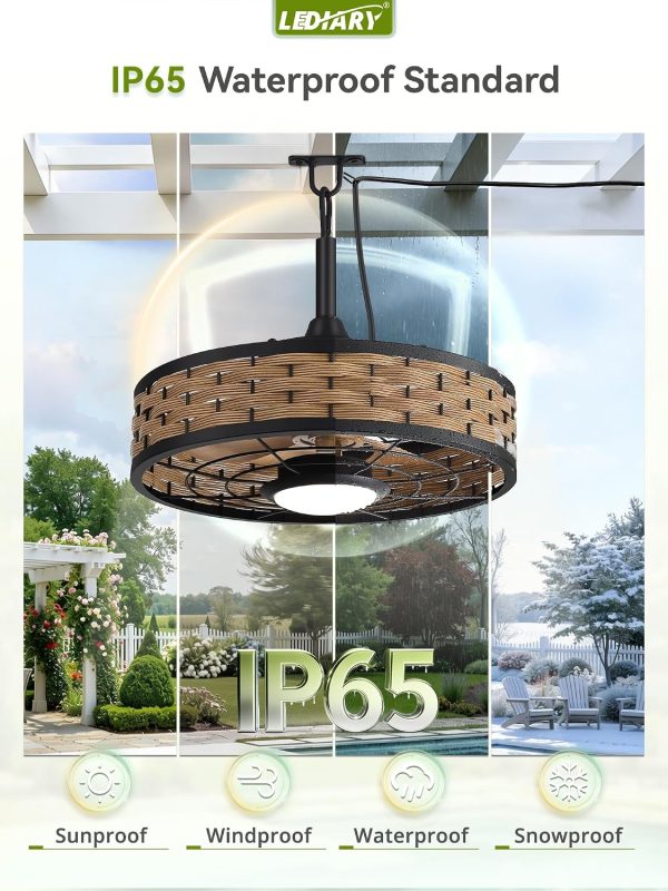 windphoto 20" Light Brown IP65 Waterproof Outdoor Ceiling Fan with Light | No Assembling,Remote&APP Control,3CCT Dimmable,6-Speeds,Boho Rattan, for Gazebo,Patio,Porch
