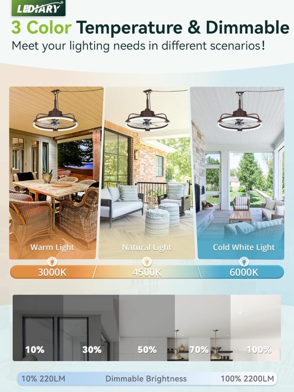 81XBh76Uz5L._AC_SL1500_.jpg windphoto 20" Waterproof Brown Outdoor Ceiling Fan with Light for Gazebo | IP65 Wet Rated,APP Control,6-Speeds,3CCT Dimmable,Reverse DC Motor,Suitable for 10' x 12' Area,Plug In for Patio,Porch
