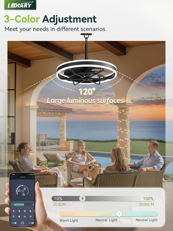 windphoto 24" Outdoor Ceiling Fans with Light, IP65 Waterproof Gazebo Fan | Outdoor Fan with Hanging Hook, Remote & App Control, 3CCT Dimmable,Timer, Caged Plug in Ceiling Fan for Patio, Porch, Pergola