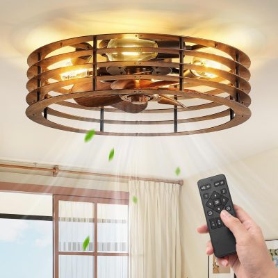 windphoto 20" Caged Low Profile Enclosed Ceiling Fan Light with Remote | Flush Mount, Bladeless Enclosed Fandelier, 6 Speed, Quiet Reversible DC, Rustic, Victorian, Rustic, Bedroom, Kitchen