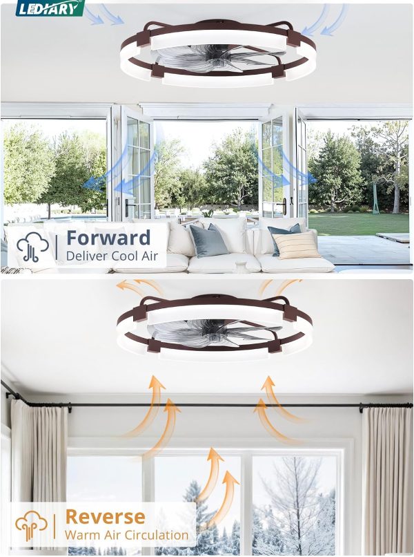 windphoto 24" Ceiling Fans with Lights, Low Profile Fandelier for Bedroom | Flush Mount Fan Light, Stepless Dimmable, App/Remote Control, 3 CCT Led, 6 Speeds, Quiet Reversible DC Motor, Brown