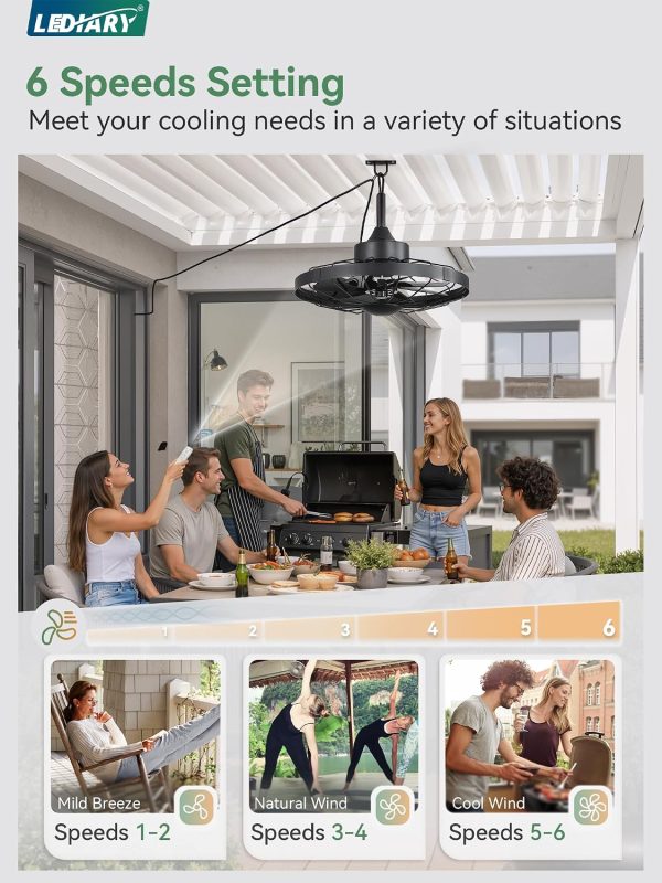 81Xkci80QL._AC_SL1500_.jpg windphoto 20" Outdoor Ceiling Fan No Light, Plug-in Waterproof Gazebo Fan | 6 Speeds, 3 Timers, 2 Hanging Rods, Mute Remote, Reversible Motor, Memory Function, Cage Design, for Pergola, Patio, Porch
