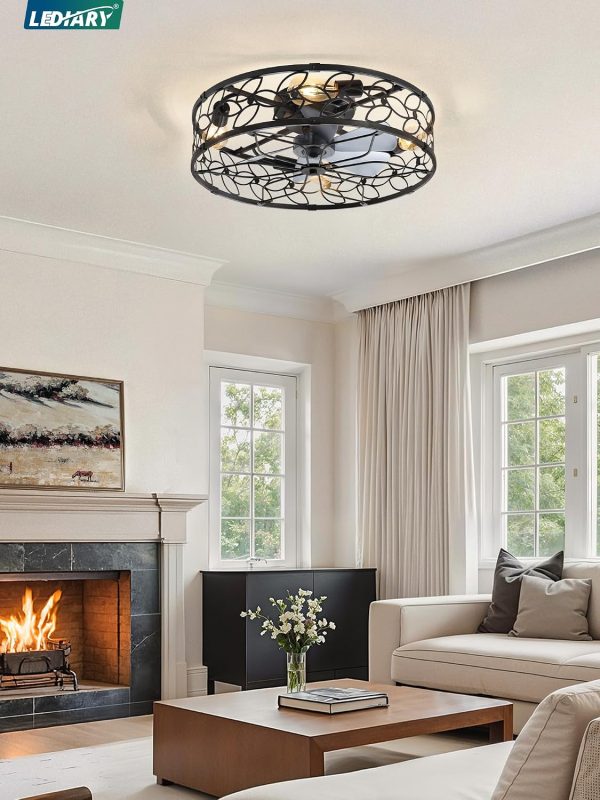 81Xpqz6WJML._AC_SL1500_.jpg windphoto 23" Caged Ceiling Fan with Light, Flush Mount Fandalier with Remote | Low Profile, Farmhouse Large, Bladeless Industrial, Quiet DC Motor, App Control for Bedroom, Kitchen, Dining Room, Black
