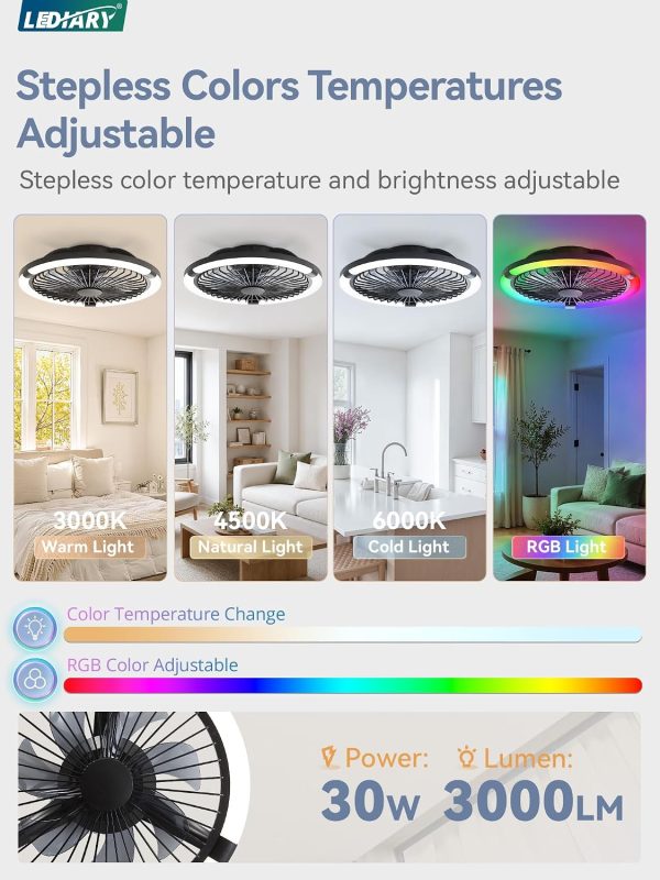 81XpwiIYu7L._AC_SL1500_.jpg windphoto 20" Low Profile Bladeless Ceiling Fan with RGB, Remote&APP, White | Flush Mount, 6 Speed Adjustable, 3000-6000K Dimmable LED, Modern Enclosed Fandelier with Timming, Bedroom, Kids Room
