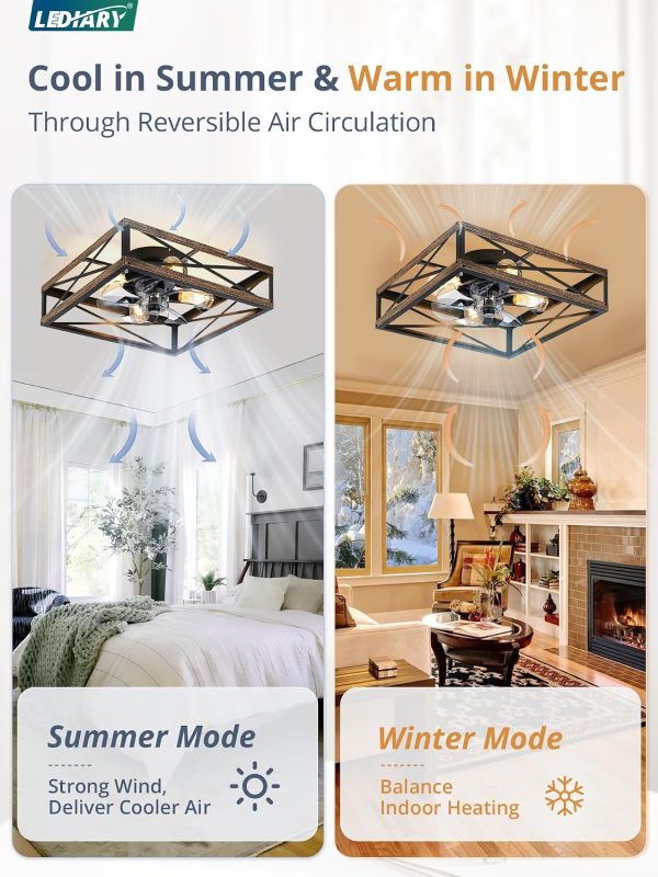 windphoto 20 Caged Low Profile Square Ceiling Fans with Lights and Remote | 6 Speed and Reversible, Small Farmhouse Rustic Bladeless Ceiling Fan Flush Mount for Bedroom, Kitchen, Dining Room