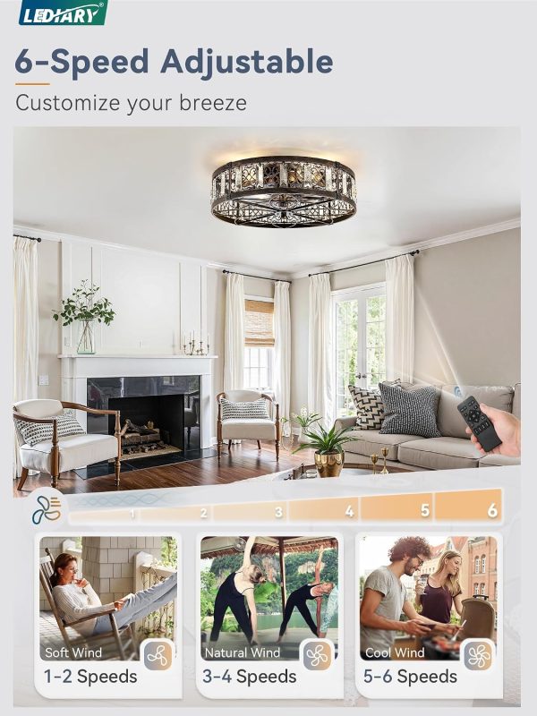windphoto 20" Caged Flush Mount Vintage Ceiling Fan and Remote, Black Gold | Low Profile, Bladeless Enclosed Fandelier, 6 Speed, Quiet Reversible DC, Rustic, Victorian, Rustic, Crystal, Bedroom, Kitchen