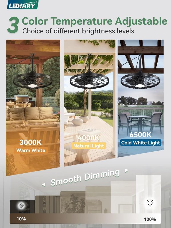 windphoto 24" Outdoor IP65 Waterproof Plug in Ceiling Fan with Lights | 6 Speeds,3CCT,Quiet,Timer,Remote Control,Smart App,DC motor,Reversible,Caged Design,ABS Material,Gazebo,Patio,Porch,Pergola