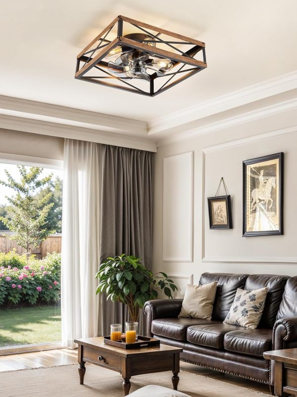 windphoto 20" Caged Flush Mount Square Ceiling Fans with Lights and Remote | 6 Speed and Reversible DC Motor, Small Farmhouse Rustic, Low Profile, for Bedroom, Kitchen, Dining Room