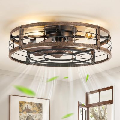 81Zf6B-lS1L._AC_SL1500_.jpg windphoto 23" Black Gold Caged Low Profile Ceiling Fan with Light and Remote | Flush Mount, Bladeless Enclosed Fandelier, 6 Speed, Quiet Powerful DC, Rustic,Farmhouse, Small, Bedroom, Kitchen, Indoor
