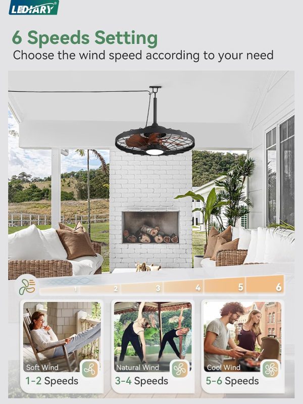 windphoto 24" Outdoor IP65 Waterproof Plug in Ceiling Fan with Lights | 6 Speeds,3CCT,Quiet,Timer,Remote Control,Smart App,DC motor,Reversible,Caged Design,ABS Material,Gazebo,Patio,Porch,Pergola