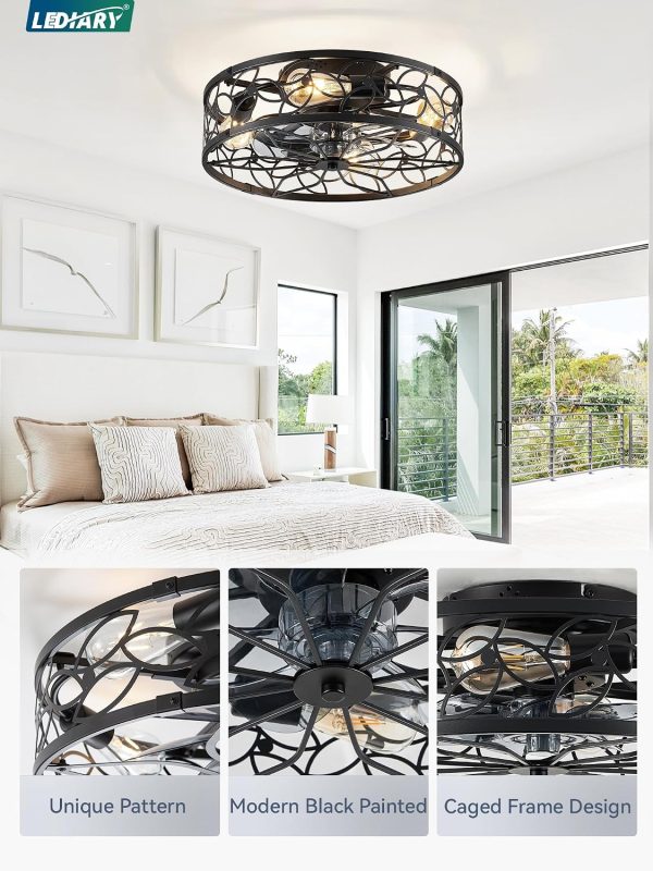 81aLQ-HDQL._AC_SL1500_.jpg windphoto Caged Ceiling Fan with Light, Flush Mount Fandalier with Remote | Low Profile, Farmhouse Small, Bladeless Industrial, Quiet DC Motor, App Control for Bedroom, Kitchen, Dining Room, Black