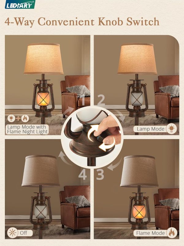 windphoto LED Farmhouse Flashing Flame Night Lantern Floor Lamp | Rustic Bronze Standing with Beige Linen Drum Lampshade, for Living Room, Bedroom Home DecorBronze Brown)