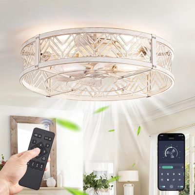 81avIEsygCL._AC_SL1500_.jpg windphoto 23" Caged Ceiling Fan with Light and Remote, Large Fandalier, White | Flush Mount Low Profile, APP Control, Bladeless Industrial Enclosed, Quiet & Powerful for Bedroom, Kitchen, Dining Room