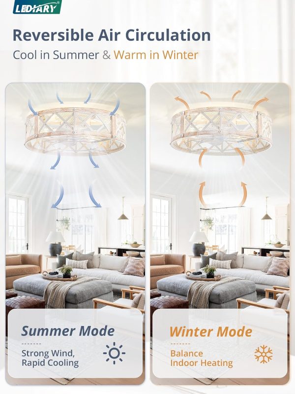 windphoto 20" Caged Farmhouse Ceiling Fan with Light, Flush Mount, White Gold | Remote&APP Control, Small Low Profile, Rustic Fandaliers, Industrial Bladeless Enclosed, Powerful Motor for Bedroom, Kitchen