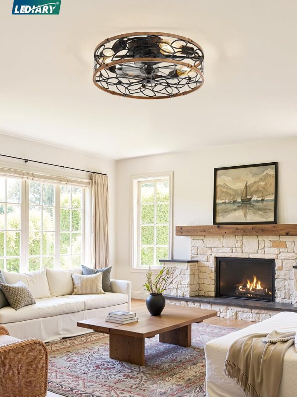 81bBddcQbWL._AC_SL1500_.jpg windphoto 20" Caged Ceiling Fan with Light, Flush Mount Fandalier with Remote | Low Profile, Farmhouse Small, Bladeless Industrial, Quiet DC Motor, App Control for Bedroom, Kitchen, Dining Room, Walnut