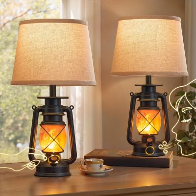 81bKCA-vbpL._AC_SL1500_.jpg windphoto 18.72" Blow-Controlled LED Lantern Flickering Flame Table Lamps for Bedrooms Set of 2, Small Farmhouse Rustic Black End Table Lamps, Halloween Decorative Lantern Bedside Lamps for Living Room