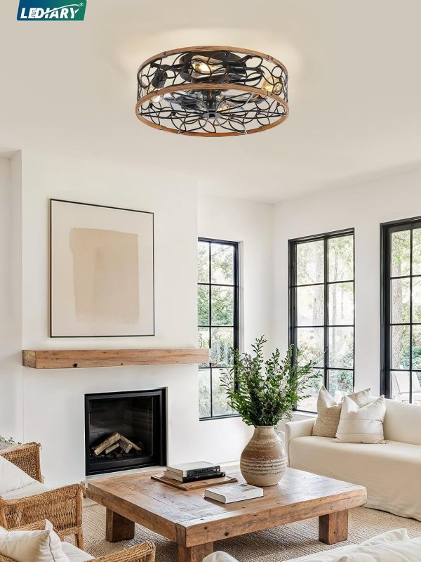 81c5O0zssCL._AC_SL1500_.jpg windphoto Caged Ceiling Fan with Light, Flush Mount Fandalier with Remote | Low Profile, Farmhouse Small, Bladeless Industrial, Quiet DC Motor, App Control for Bedroom, Kitchen, Dining Room, Walnut