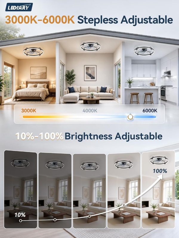 windphoto 26" Low Profile Ceiling Fans with Lights, Remote/APP Control, Black | Wider Airflow, Stepless Dimmable LED, Quiet Reversible DC Motor, 6 Speeds, 3CCT, Timer, Bedroom, Living Room, Kitchen