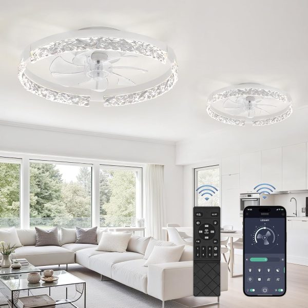 windphoto 2-Pack 20" Ceiling Fans with Lights, APP & Remote, White | Low Profile, Flush Mount, Fandelier, 3000K-6000K, Dimmable LED, for Bedroom