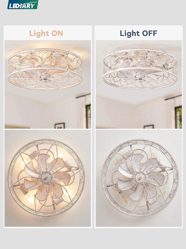 windphoto Caged Ceiling Fan with Light, Flush Mount Fandalier with Remote | Low Profile, Farmhouse Small, Bladeless Industrial, Quiet DC Motor, App Control for Bedroom, Kitchen, Dining Room, White Gold