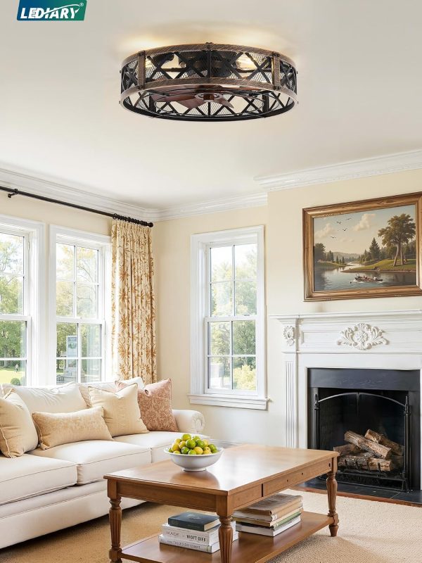 81f3e6i5WyL._AC_SL1500_.jpg windphoto 23" Caged Farmhouse Ceiling Fan with Light, Flush Mount, Black Gold | Remote&APP Control, Large Low Profile, Rustic Fandaliers, Industrial Bladeless Enclosed, Powerful Motor for Bedroom, Kitchen