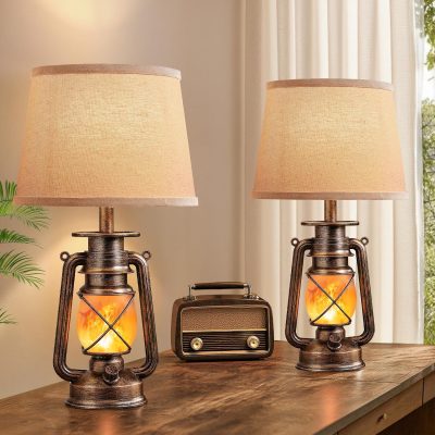 81fGxmmh-BL._AC_SL1500_.jpg windphoto 18.72" Black Gold Lantern Flickering Flame Table Lamps Set of 2 | Small Farmhouse Vintage End Table Lamps, Western Halloween decor, Rustic Lantern Bedside Lamps, for Living Room Bedroom
