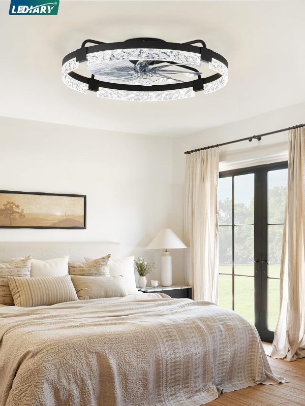 windphoto 24" Low Profile Ceiling Fans with Lights, APP & Remote, Black | Flush Mount, Fandelier, 3000K-6000K, Dimmable LED, for Bedroom