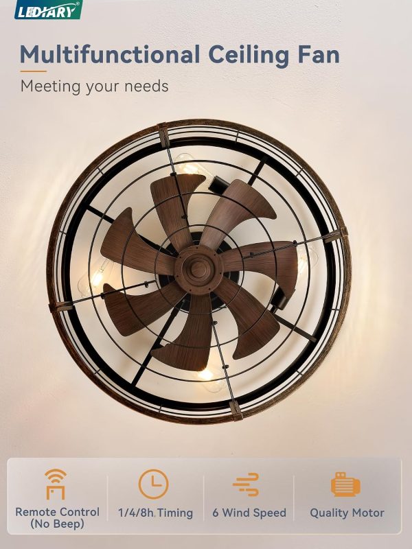 windphoto 26" Black Gold Caged Low Profile Ceiling Fan with Light and Remote | Flush Mount, Bladeless Enclosed Fandelier, 6 Speed, Quiet Powerful DC, Rustic,Farmhouse, Large, Bedroom, Kitchen, Indoor