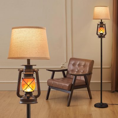 81fTN3AAckL._AC_SL1500_.jpg windphoto LED Flashing Flame Night Lantern Floor Lamp Decor | Farmhouse Standing with Beige Linen Drum Lampshade Rustic for Living Room, Bedroom Home