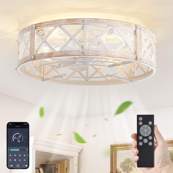 windphoto 20" Caged Farmhouse Ceiling Fan with Light, Flush Mount, White Gold | Remote&APP Control, Small Low Profile, Rustic Fandaliers, Industrial Bladeless Enclosed, Powerful Motor for Bedroom, Kitchen