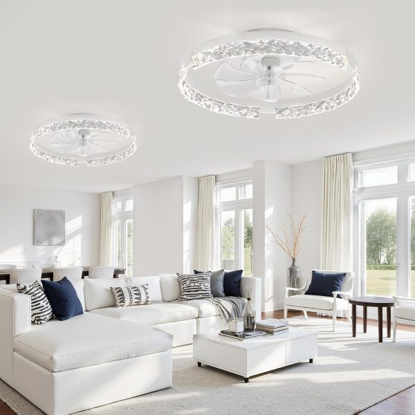 windphoto 2 Pack 20" Modern Ceiling Fans with Lights and Remote, White | Fandelier, Dimmable Low Profile, Flush Mount, Stepless Color Temperature Change, 6 Speeds, Bedroom, Living Room, Kitchen