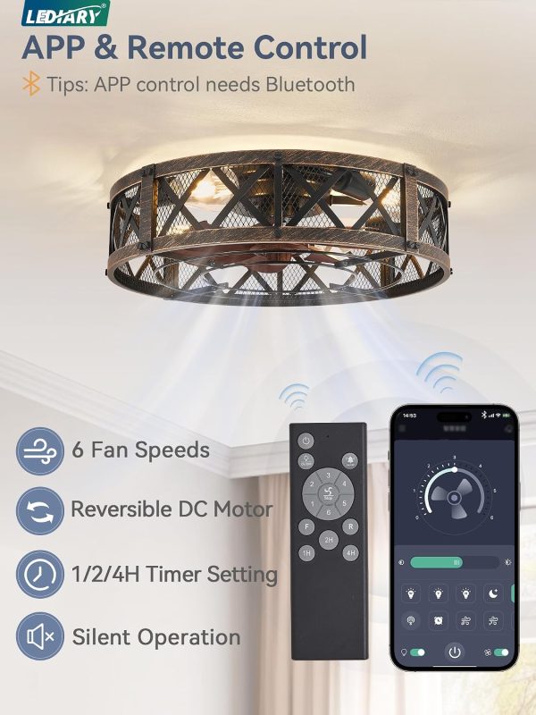81gdYKy6ImL._AC_SL1500_.jpg windphoto 20" Caged Farmhouse Ceiling Fan with Light, Flush Mount, Black Gold | Remote&APP Control, Small Low Profile, Rustic Fandaliers, Industrial Bladeless Enclosed, Powerful Motor for Bedroom, Kitchen