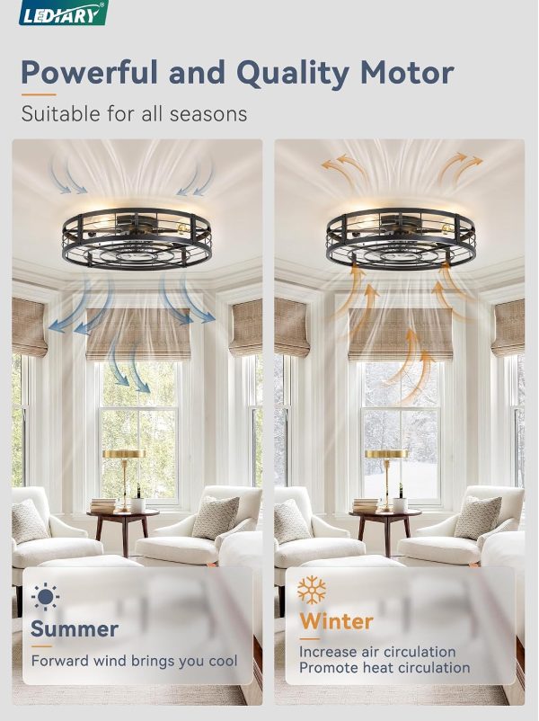 windphoto 26" Black Caged Low Profile Ceiling Fan with Light and Remote | Flush Mount, Bladeless Enclosed Fandelier, 6 Speed, Quiet Powerful DC, Rustic,Farmhouse, Large, Bedroom, Kitchen, Indoor