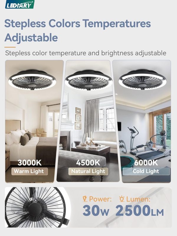 windphoto 20" Low Profile Bladeless Ceiling Fan with Light, Remote&APP, Black | Flush Mount, 6 Speed Adjustable, 3000-6000K Dimmable LED, Modern Enclosed Fandelier with Timming, Bedroom, Kids Room