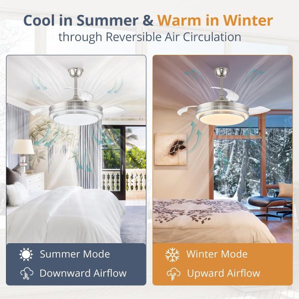 windphoto 42 Inch Retractable Ceiling Fans with Lights and Remote | Fandelier Ceiling Fans with LED Light, Modern Ceiling Fan, Stepless Color Changeable, Dimmable, Timer Setting, Brush Nickel