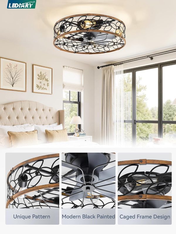 81i74E2y0qL._AC_SL1500_.jpg windphoto 23" Caged Ceiling Fan with Light, Flush Mount Fandalier with Remote | Low Profile, Farmhouse Large, Bladeless Industrial, Quiet DC Motor, App Control for Bedroom, Kitchen, Dining Room, Walnut