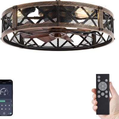 81izOgL31-L._AC_SL1500_.jpg windphoto 23" Caged Farmhouse Ceiling Fan with Light, Flush Mount, Black Gold | Remote&APP Control, Large Low Profile, Rustic Fandaliers, Industrial Bladeless Enclosed, Powerful Motor for Bedroom, Kitchen