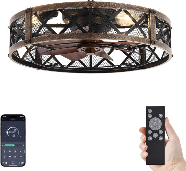 81izOgL31-L._AC_SL1500_.jpg windphoto 23" Caged Farmhouse Ceiling Fan with Light, Flush Mount, Black Gold | Remote&APP Control, Large Low Profile, Rustic Fandaliers, Industrial Bladeless Enclosed, Powerful Motor for Bedroom, Kitchen