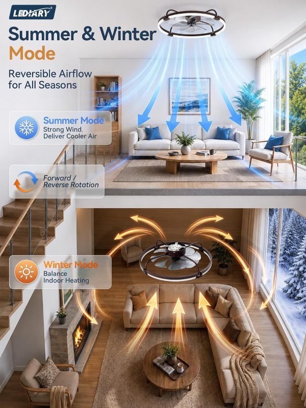 windphoto 24" Low Profile Ceiling Fans with Lights, Remote/APP Control, Brown | Wider Airflow, Stepless Dimmable LED, Quiet Reversible DC Motor, 6 Speeds, 3CCT, Timer, Bedroom, Living Room, Kitchen