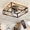 windphoto 20" Caged Flush Mount Square Ceiling Fans with Lights and Remote | 6 Speed and Reversible DC Motor, Small Farmhouse Rustic, Low Profile, for Bedroom, Kitchen, Dining Room