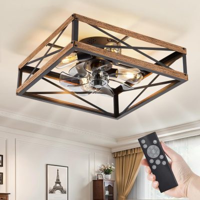 windphoto 20" Caged Flush Mount Square Ceiling Fans with Lights and Remote | 6 Speed and Reversible DC Motor, Small Farmhouse Rustic, Low Profile, for Bedroom, Kitchen, Dining Room