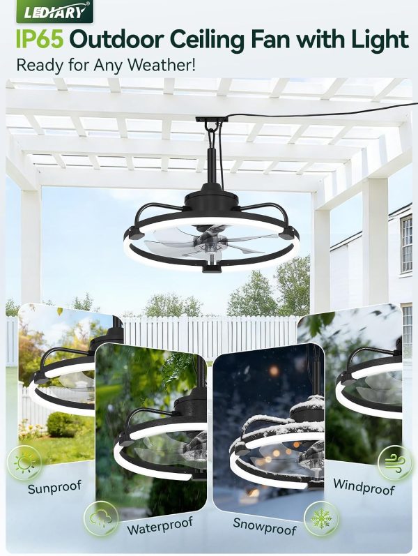 81jVdCM91L._AC_SL1500_.jpg windphoto 20" Waterproof Black Outdoor Ceiling Fan with Light for Gazebo | IP65 Wet Rated,APP Control,6-Speeds,3CCT Dimmable,Reverse DC Motor,Suitable for 10' x 12' Area,Plug In for Patio,Porch