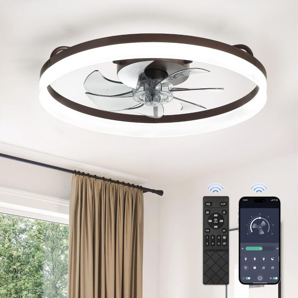 windphoto 20" Low Profile Ceiling Fans with Lights, APP & Remote, Brown | Flush Mount, Dimmable LED, Quiet DC Motor, Reversible, 6 Speeds, Fandelier, for Bedroom