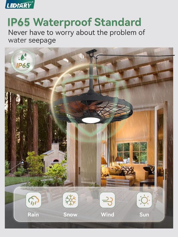 windphoto 24" Outdoor IP65 Waterproof Plug in Ceiling Fan with Lights | 6 Speeds,3CCT,Quiet,Timer,Remote Control,Smart App,DC motor,Reversible,Caged Design,ABS Material,Gazebo,Patio,Porch,Pergola