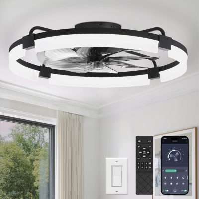 windphoto 24" Ceiling Fans with Lights, Low Profile Fandelier for Bedroom | Flush Mount Fan Light, Stepless Dimmable, App/Remote Control, 3 CCT Led, 6 Speeds, Quiet Reversible DC Motor, Black